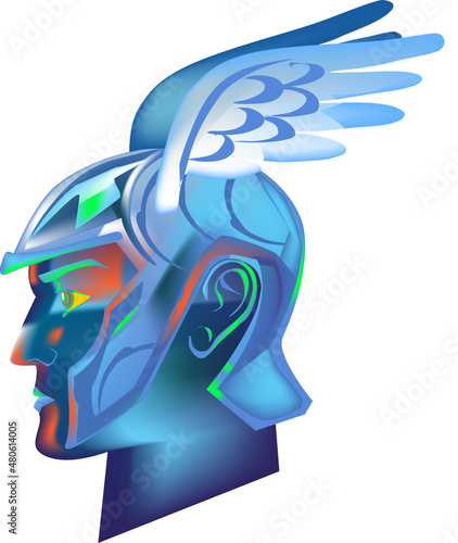 colourfull face of the god Mercury from the profile behind the helmet decorated with Wings