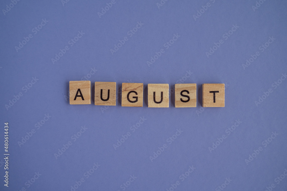 The name of the month August is written on wooden cubes isolated. Very Peri Color of the Year 2022 background, copy space. Top view of wooden blocks with letters. Step by step, step 8. The name of the month August is written on wooden cubes isolated. Very Peri Color of the Year 2022 background, copy space. Top view of wooden blocks with letters. Step by step, step 8.