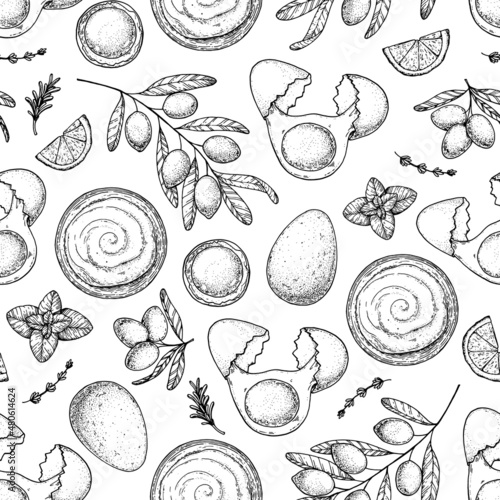 Mayonnaise sauce cooking and ingredients. Seamless pattern. Hand drawn vector illustration. Homemade mayonnaise sauce. Hand drawn, package design.