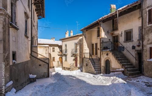 The beautiful village of Pescocostanzo covered in snow during winter time. Abruzzo, central Italy. © e55evu