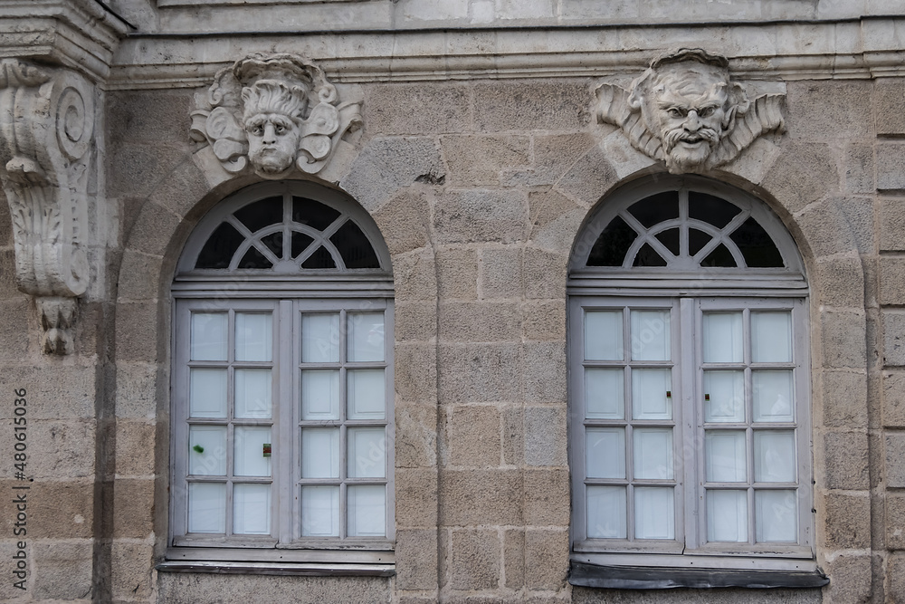 Architectural fragments of beautiful facades on Nantes Quai Turenne. Nantes, Loire Atlantique, France.