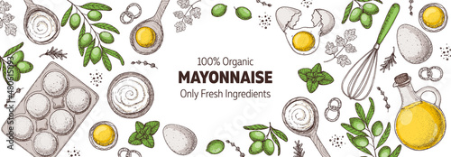 Mayonnaise sauce cooking and ingredients, hand drawn vector illustration. Homemade mayonnaise sauce, design elements. Hand drawn, package design.