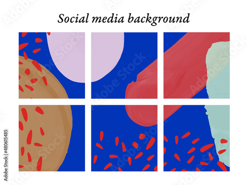 Plantillas de diseño para publicaciones en redes sociales de formas abstractas, manchas de pinceles en rojo, rosa, dorado y azul, con espacio para texto e imágenes