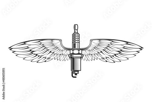 Spark plug with wings, car service logo, engine symbol, vector