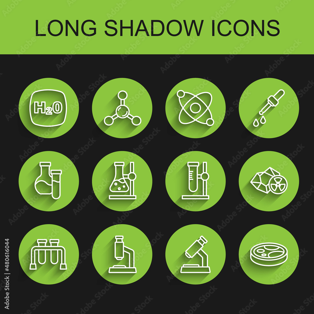 Set line Test tube, Microscope, Chemical formula H2O, Petri dish with bacteria, flask on stand, Radioactive and icon. Vector Set line Test tube, Microscope, Chemical formula H2O, Petri dish with bacteria, flask on stand, Radioactive and icon. Vector
