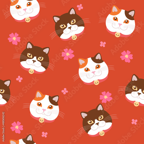 Seamless pattern with cute cats and flowers. Vector graphics.
