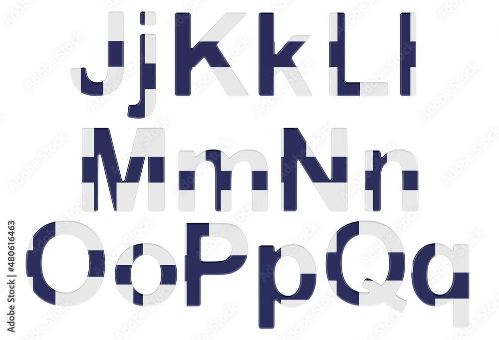 Letters with Finnish flag. J, K, L, M, N, O, P uppercase and lowercase letters. 3D rendering Letters with Finnish flag. J, K, L, M, N, O, P uppercase and lowercase letters. 3D rendering