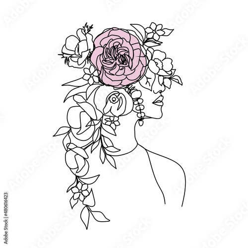 Woman face with butterfly and flowers. Line art female hands with butterflies. One line vector drawing. Portrait minimalistic style. Botanical print. Nature symbol of cosmetics.