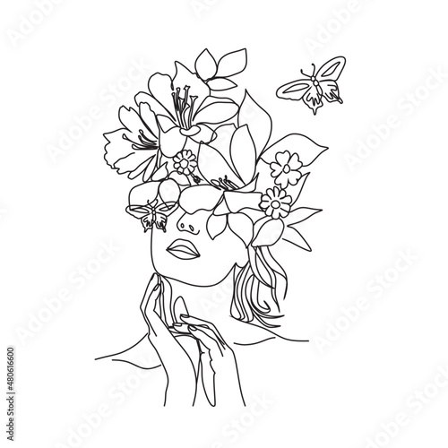 Woman face with butterfly and flowers. Line art female hands with butterflies. One line vector drawing. Portrait minimalistic style. Botanical print. Nature symbol of cosmetics.