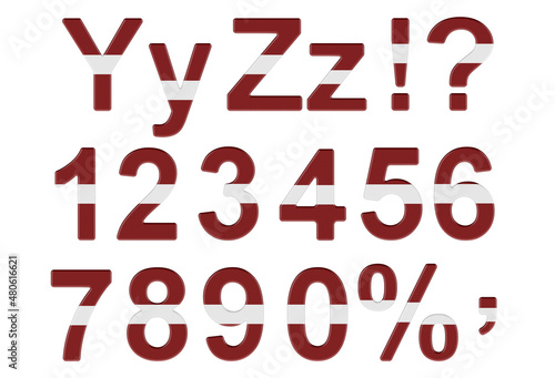 Letters, numbers and punctuation marks with Latvian flag. Y, Z, 1, 2, 3, 4, 5, 6, 7, 8, 9, 0. 3D rendering