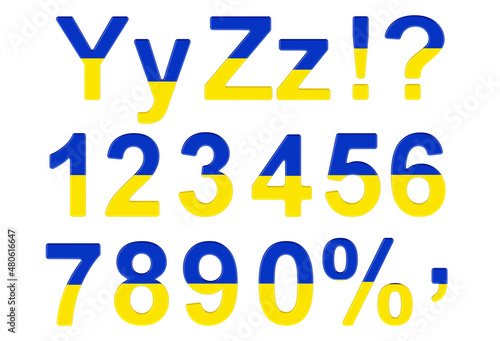 Letters, numbers and punctuation marks with Ukrainian flag. Y, Z, 1, 2, 3, 4, 5, 6, 7, 8, 9, 0. 3D rendering