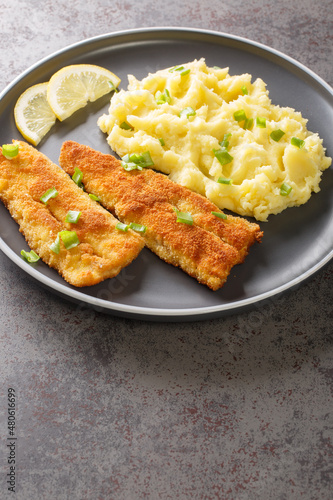 Breaded fish with a side dish of mashed potatoes and lemon close-up in a plate on the table. vertical