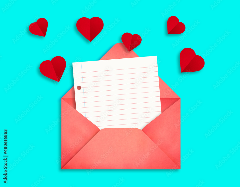 Valentine's Day. Postal red envelope with a piece of paper sticking out of it and hearts.