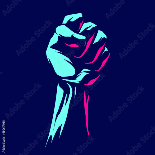 Fist neon line art potrait logo colorful design with dark background. Abstract vector illustration.
