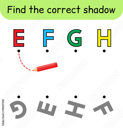 Find the correct shadow. Kids game. Educational matching game for children. Alphabet theme