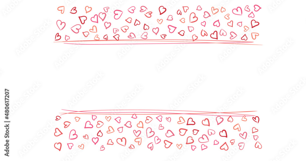 Decorative background with drawn pink red hearts and lines. Vector holiday greeting illustration for valentine's day.