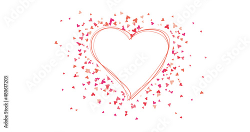 Decorative drawn frame in the shape of a heart with red hearts and lines. Vector holiday greeting illustration for different holidays.