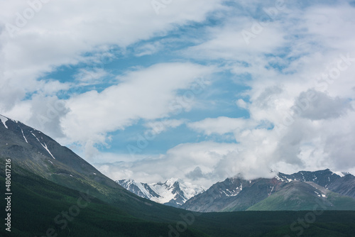 Dramatic aerial view above dark forest to large snow mountain range under cloudy sky. Dark atmospheric alpine scenery with forest and high snowy mountain peak in low clouds. Gloomy mountain landscape.