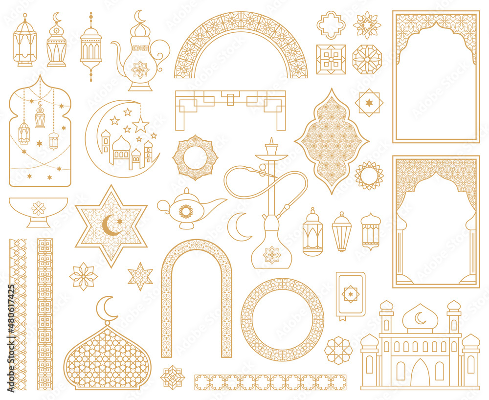 Traditional arabic muslim oriental gold decorative elements. Arabic mosque, arch, hookah, eastern lantern, patterned borders vector illustration set. Oriental arabic symbols - obrazy, fototapety, plakaty 