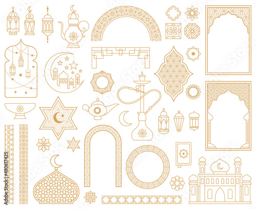 Traditional arabic muslim oriental gold decorative elements. Arabic mosque, arch, hookah, eastern lantern, patterned borders vector illustration set. Oriental arabic symbols photo
