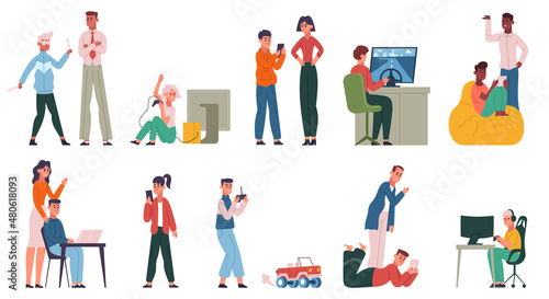 Video games addiction, kids or teenagers gamers with angry disgruntled parents. Video game addiction family quarrel vector illustration set. Kids gadget addiction issue