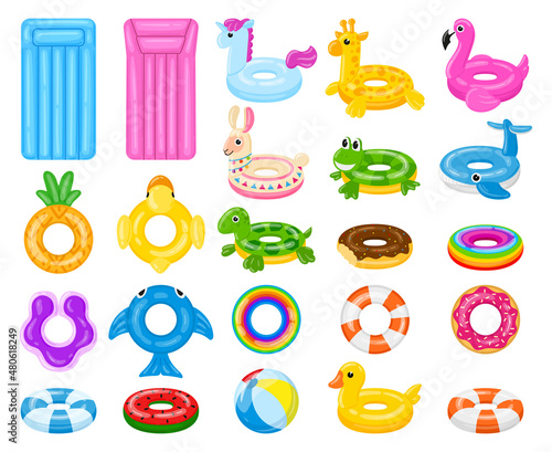 Cartoon swimming circles, pool or beach water rubber ball and mattress. Summer water toys, pool games lifebuoys vector illustration set. Inflatable rubber pool equipment