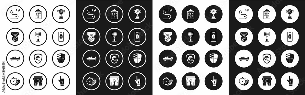 Set Award cup and American football ball, Football with medal, Planning strategy concept, Smartphone american the screen, club logo template and Soccer or shoes spikes icon. Vector Set Award cup and American football ball, Football with medal, Planning strategy concept, Smartphone american the screen, club logo template and Soccer or shoes spikes icon. Vector
