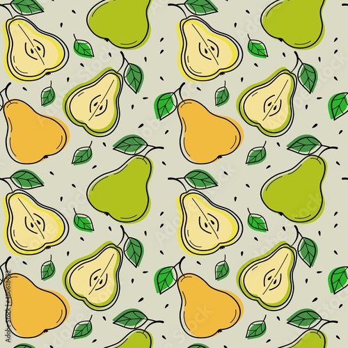 Painted seamless background with pears and leaves