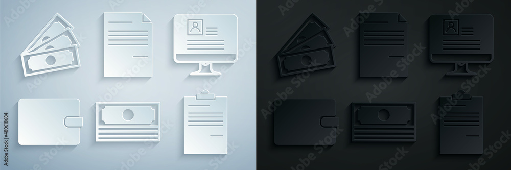 Set Stacks paper money cash, Computer monitor with resume, Wallet, Document, and icon. Vector Set Stacks paper money cash, Computer monitor with resume, Wallet, Document, and icon. Vector