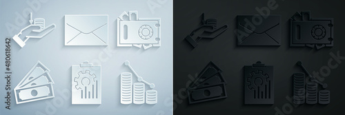 Set Clipboard with graph chart, Safe and money, Stacks paper cash, Pie infographic coin, Envelope and Money hand icon. Vector