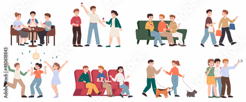 Happy friends having fun and spending time together. Friendship entertainment, friends talking, shopping and dancing vector illustration set. Friends gathering together