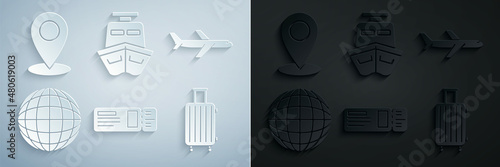 Set Travel ticket, Plane, Earth globe, Suitcase for travel, Ship and Map pin icon. Vector