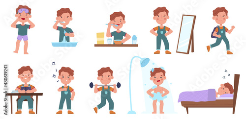 Boy daily routine activities, little guy sleep and wake schedule. Little boy eating, sleeping and reading scenes vector illustration set. Kid daily life schedule