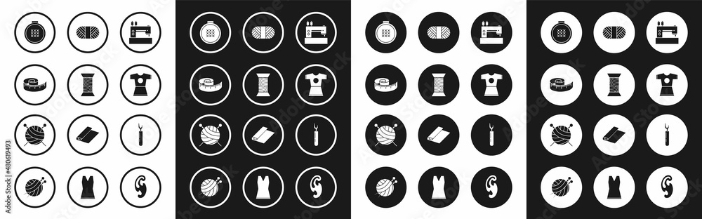 Set Sewing machine, thread on spool, Tape measure, Round adjustable embroidery hoop, Woman dress, Cutter tool and Yarn ball with knitting needles icon. Vector Set Sewing machine, thread on spool, Tape measure, Round adjustable embroidery hoop, Woman dress, Cutter tool and Yarn ball with knitting needles icon. Vector