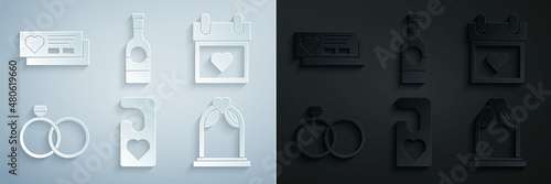Set Please do not disturb with heart, Calendar, Wedding rings, arch, Champagne bottle and Ticket icon. Vector