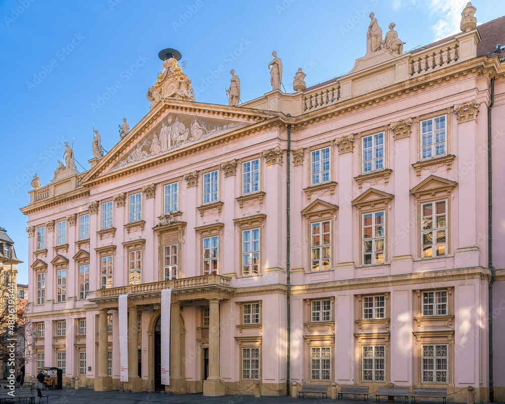 Pink neoclassical palace in Bratislava, former archbishop's palace, now mayor's office