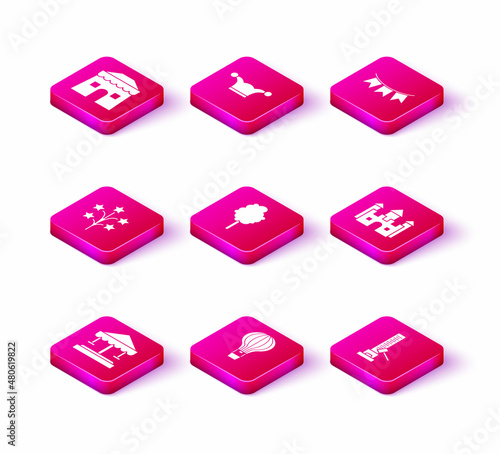 Set Attraction carousel, Hot air balloon, Fireworks, Cotton candy, High striker attraction with big hammer, Castle, Carnival garland flags and Jester hat bells icon. Vector