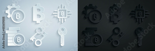 Set Cryptocurrency key, CPU mining farm, coin Bitcoin, and icon. Vector