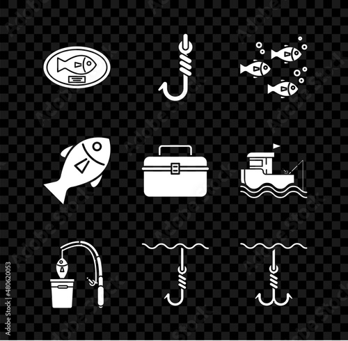 Set Fish trophy hanging on the board, Fishing hook, rod and fish, under water, and Case or box container for wobbler gear fishing equipment icon. Vector