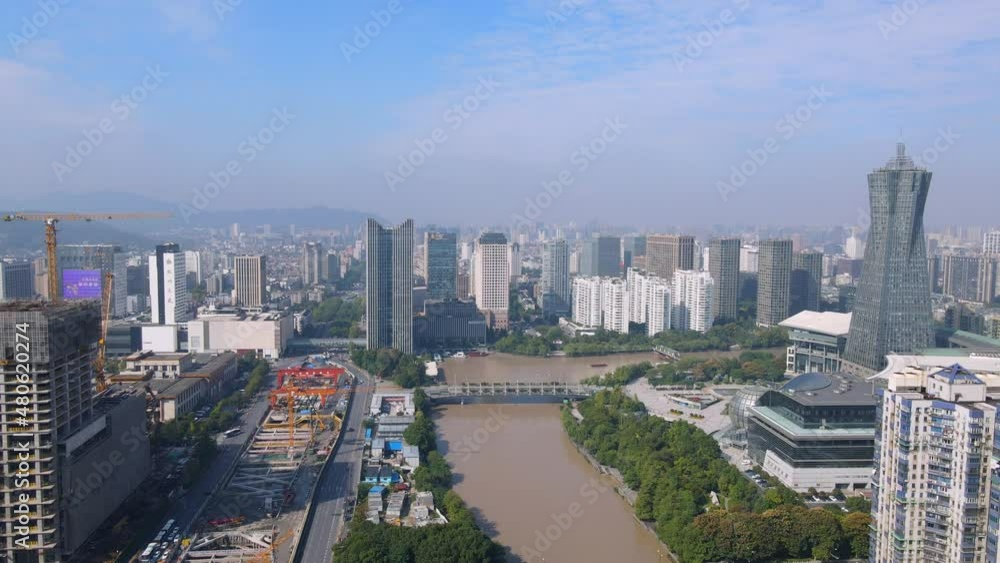 Aerial photography of the skyline of buildings along the Hangzhou Canal Aerial photography of the skyline of buildings along the Hangzhou Canal