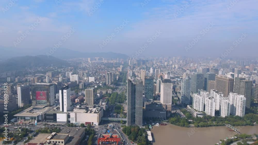 Aerial photography of the skyline of buildings along the Hangzhou Canal Aerial photography of the skyline of buildings along the Hangzhou Canal
