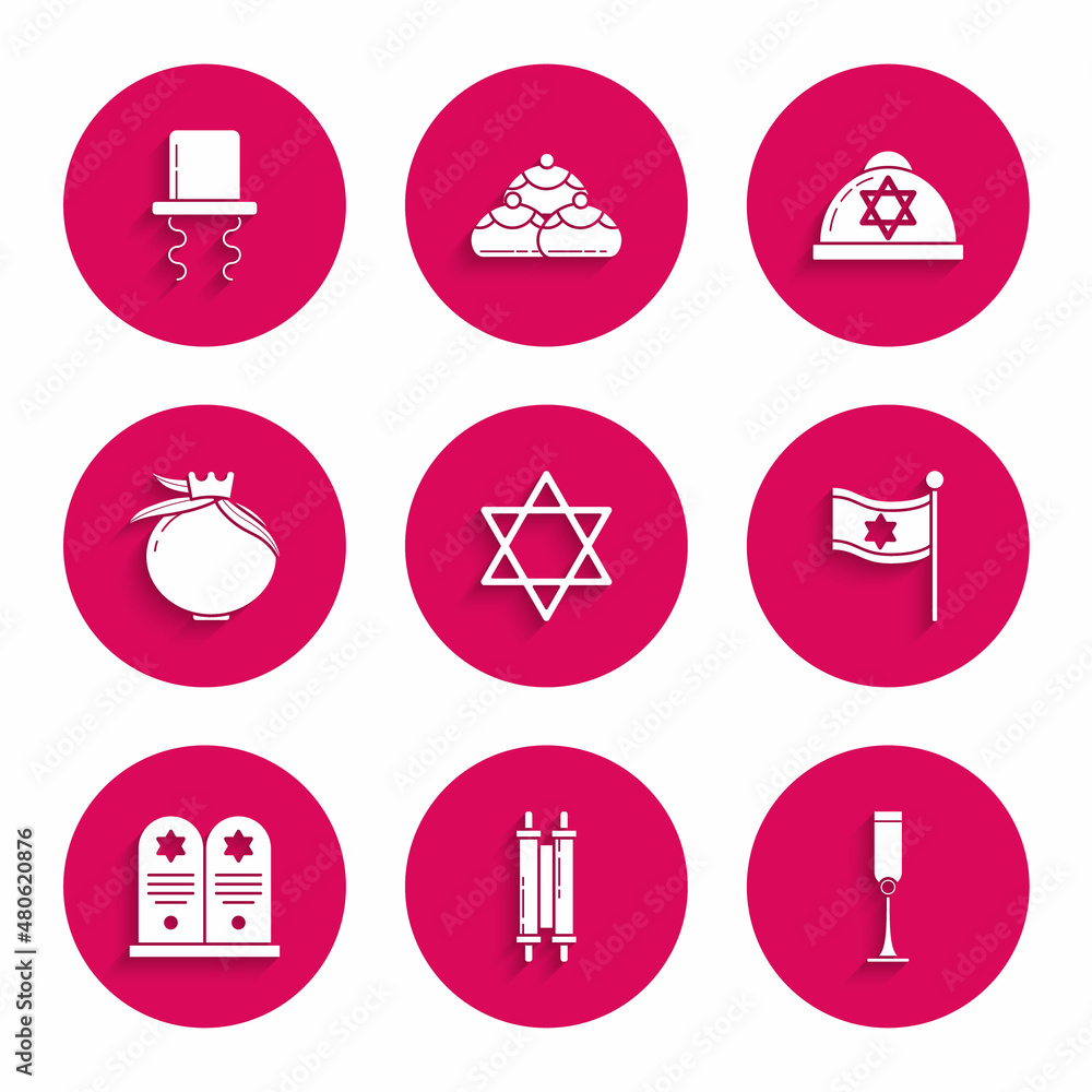 Set Star of David, Torah scroll, Jewish goblet, Flag Israel, Tombstone with star david, Pomegranate, kippah and Orthodox jewish hat sidelocks icon. Vector Set Star of David, Torah scroll, Jewish goblet, Flag Israel, Tombstone with star david, Pomegranate, kippah and Orthodox jewish hat sidelocks icon. Vector