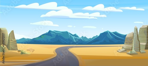 Desert road. Landscape of southern countryside. Light clouds. Rocky mountains in distance. Cool cartoon style. Stone rocks and boulders. Vector