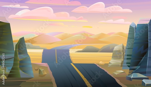Desert road. Soft hot pink evening. Landscape of southern countryside. Large dunes and hills. Cool cartoon style. Stone rocks and boulders. Vector