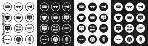 Set Megaphone, Play Video, Comedy theatrical mask, 4k movie, tape, frame, Computer PC monitor with video technology, and tragedy masks, Cinema poster design template and HD icon. Vector