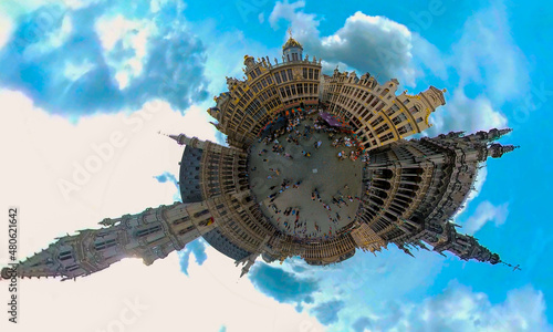 Little planet view of the grand placa in Brussels, Belgium on a cloudy day in summer.