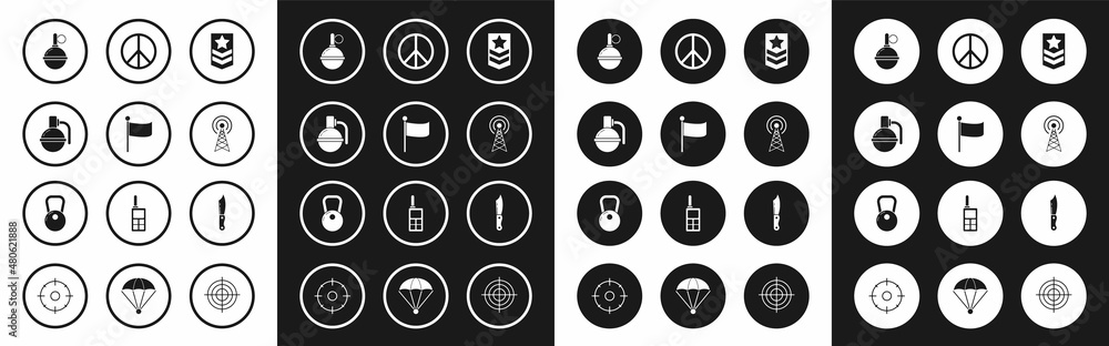 Fototapeta premium Set Chevron, Flag, Hand grenade, Radar, Peace, Military knife and Kettlebell icon. Vector