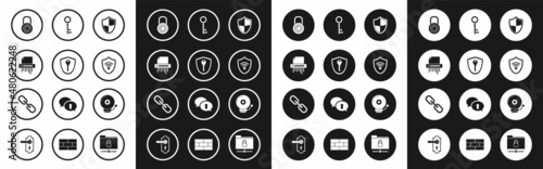 Set Shield, with key, Paper shredder confidential, Safe combination lock wheel, WiFi wireless internet network, Key, Ringing alarm bell and Chain link icon. Vector