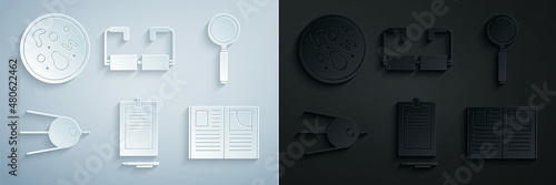 Set Clipboard with document, Magnifying glass, Satellite, Open book, Glasses and Bacteria icon. Vector
