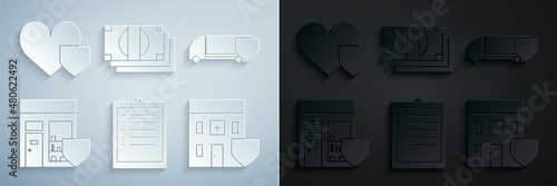 Set Clipboard with checklist, Delivery cargo truck shield, Shopping building, Medical hospital, Stacks paper money cash and Heart icon. Vector